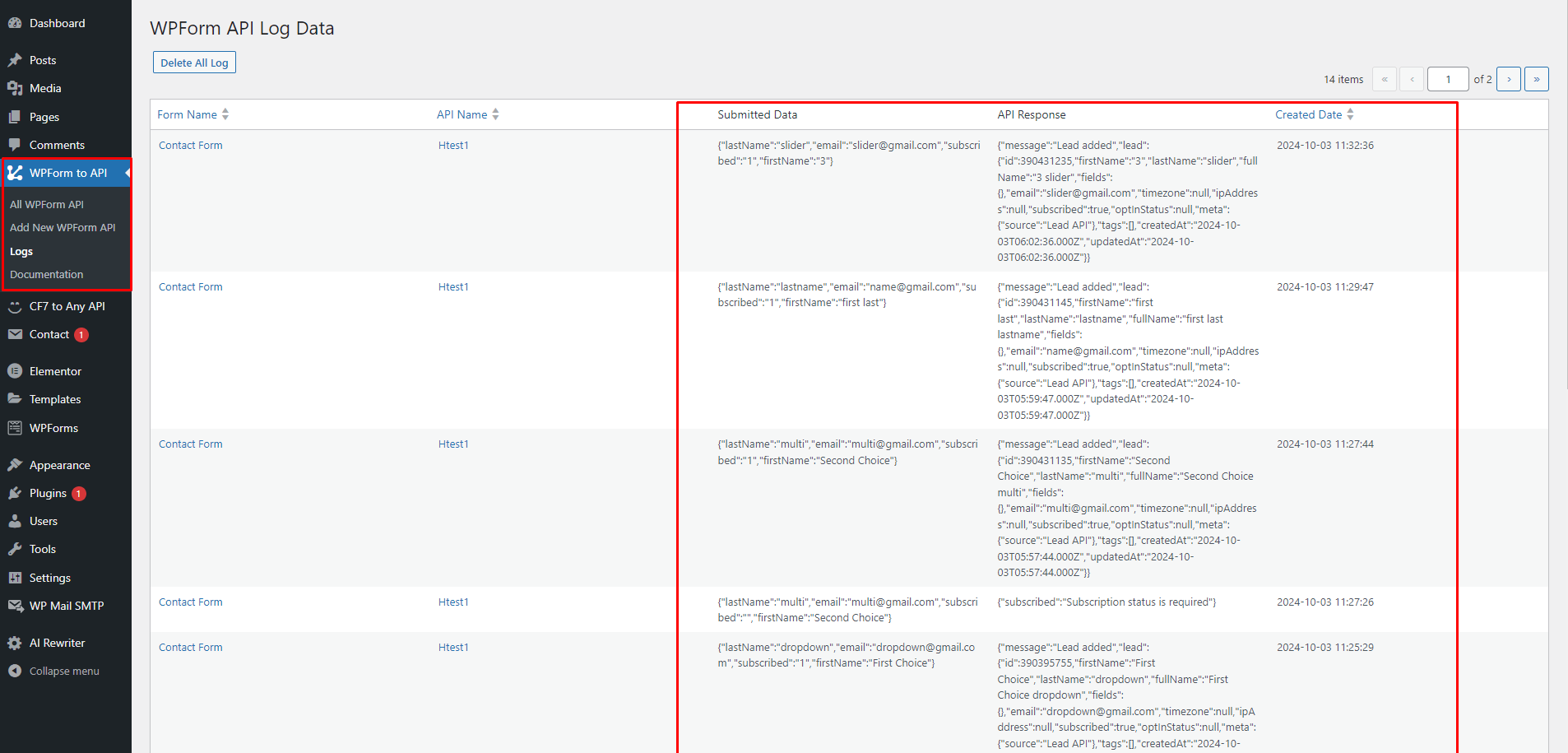 WP Form Log Data