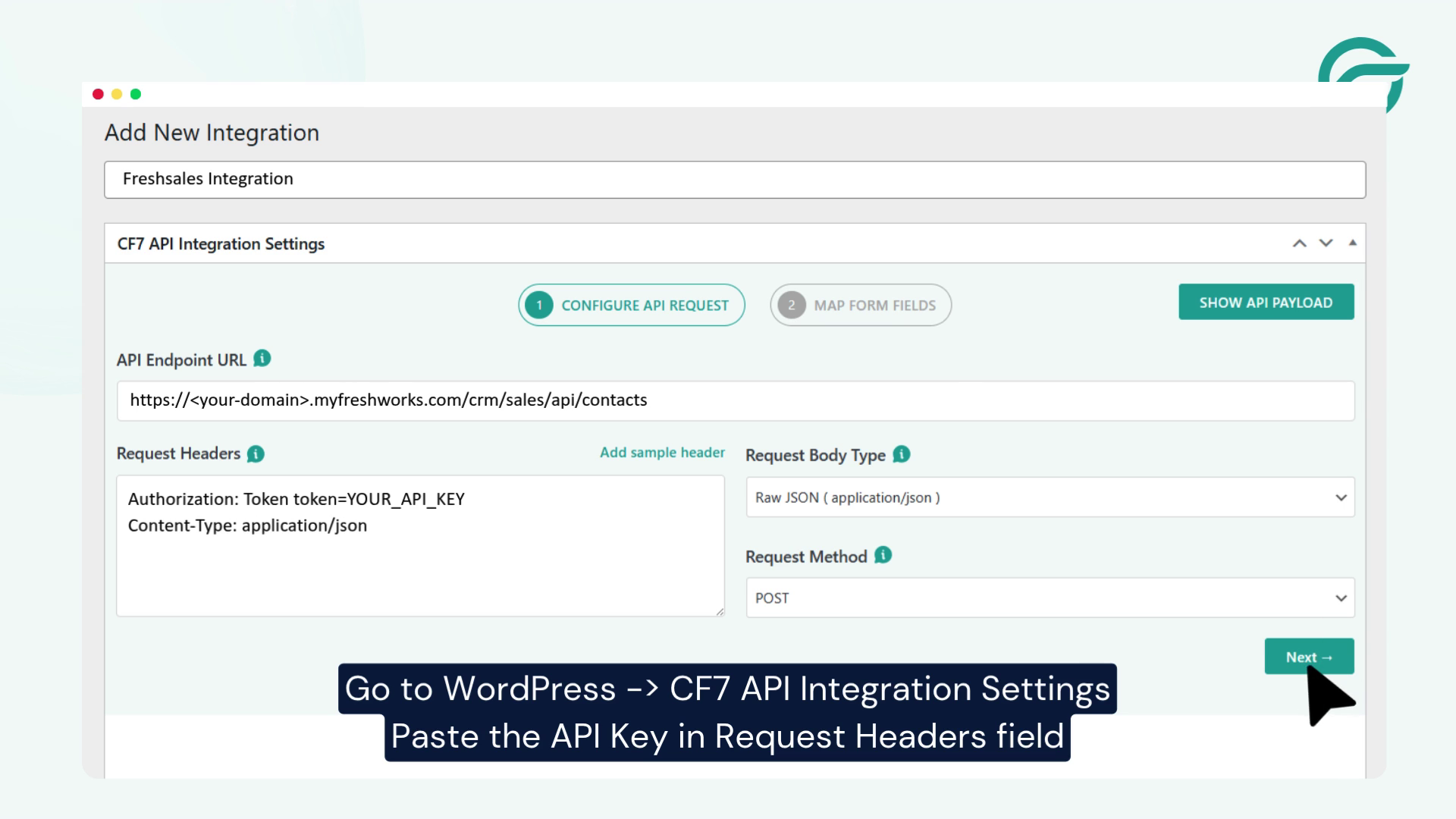 Configure Authentication - Paste your Freshsales API key