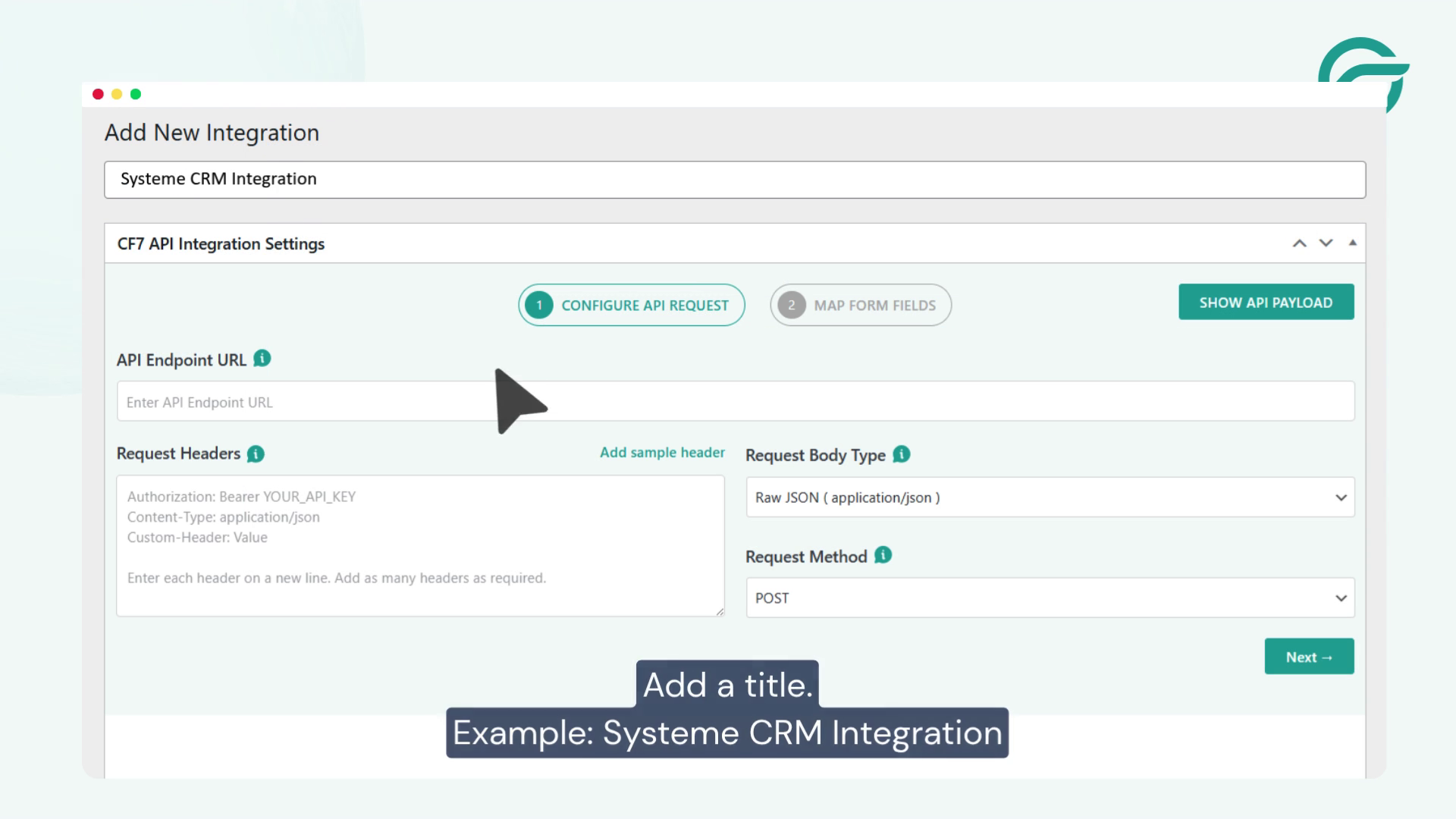 Add new integration title Example. Systeme CRM Integration