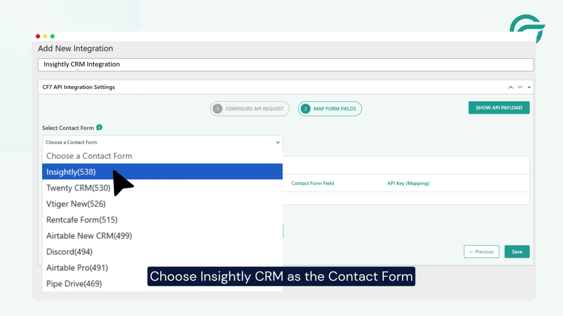 Choose Insightly CRM as the Contact Form