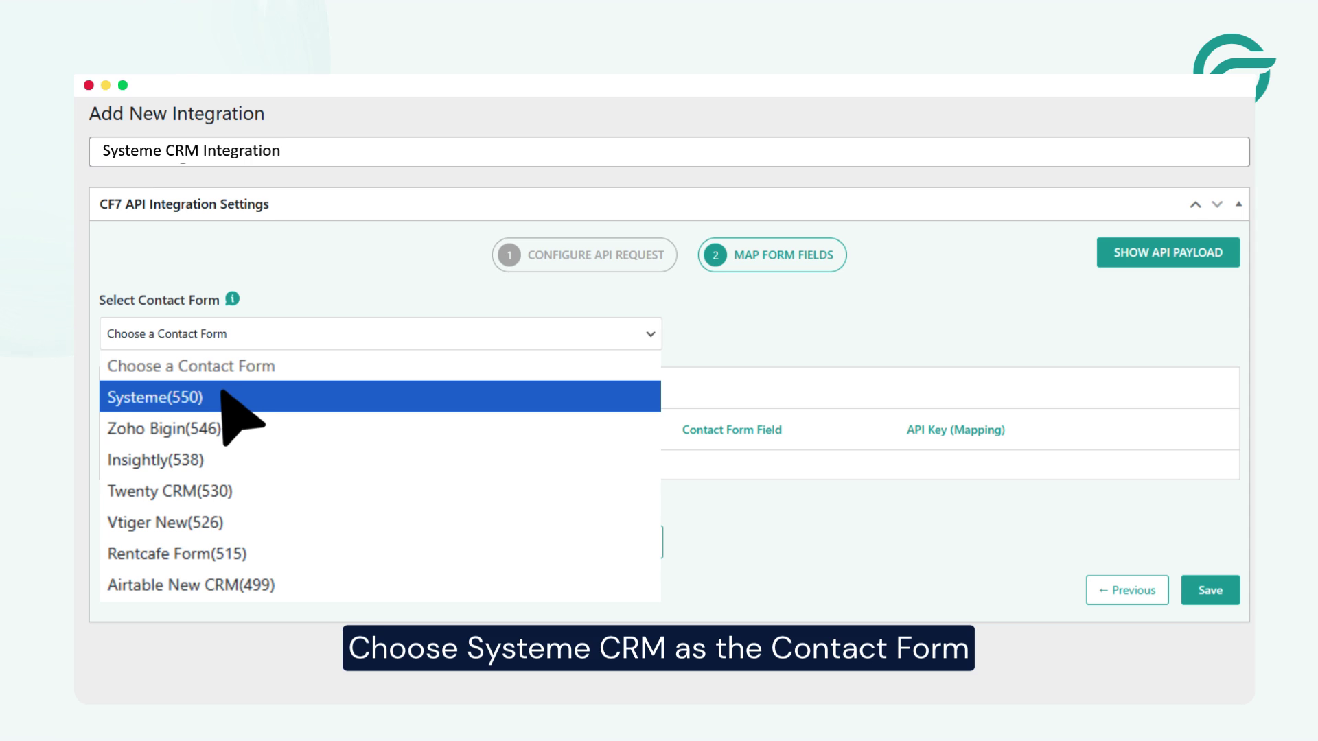 Choose Systeme CRM as the Contact Form