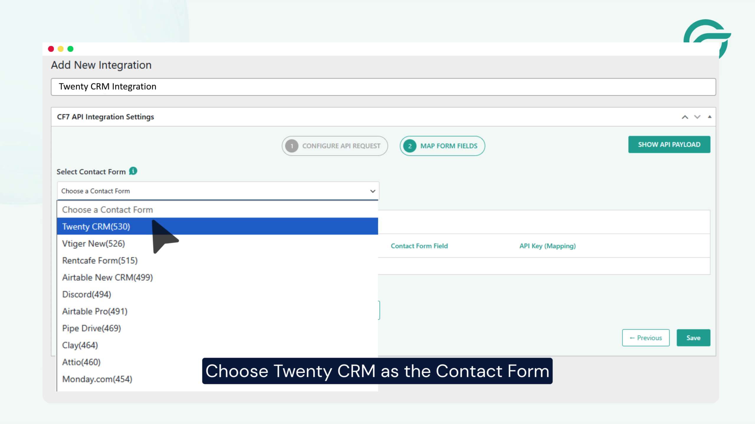 Choose Twenty CRM as the integration
