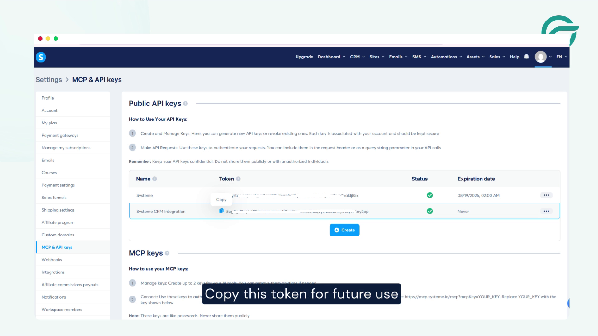 Give the name of public keys, and Save then Copy this token.