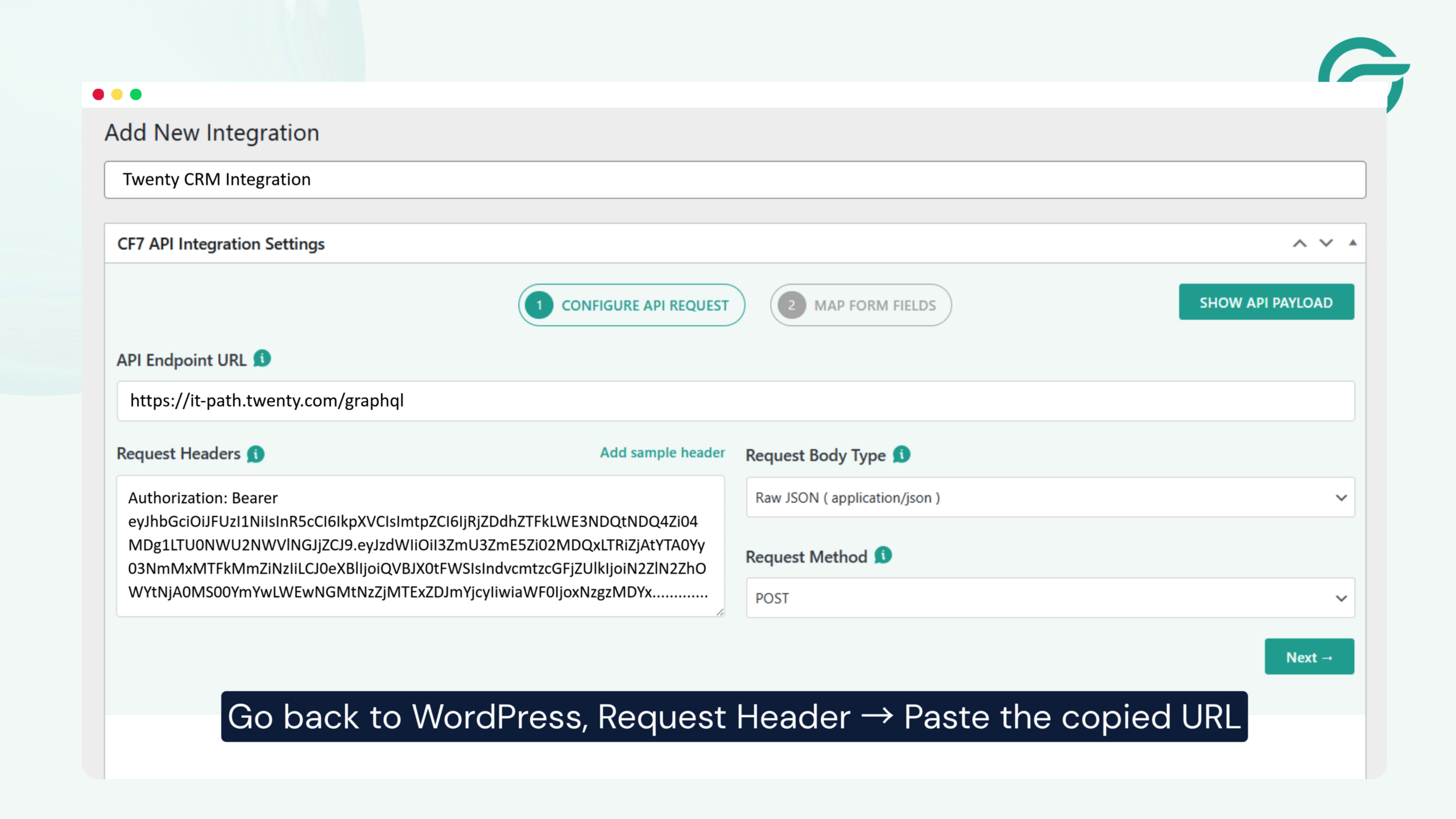 Go back to Contact Form to Any API and paste the API key into the Request Headers