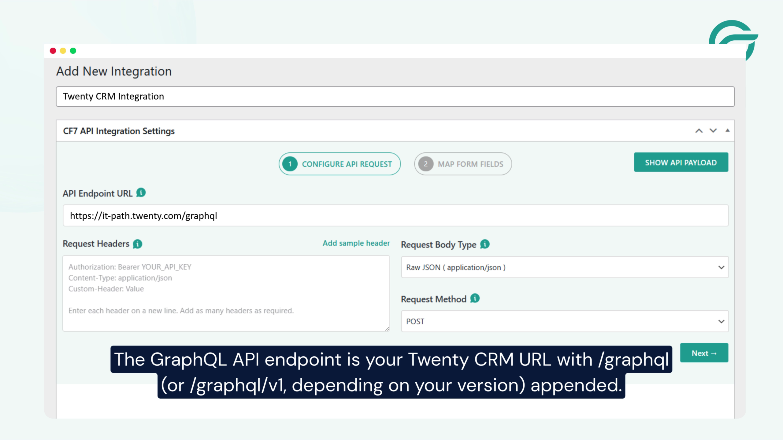 Go back to WordPress and paste the copied URL into the API Endpoint URL field.