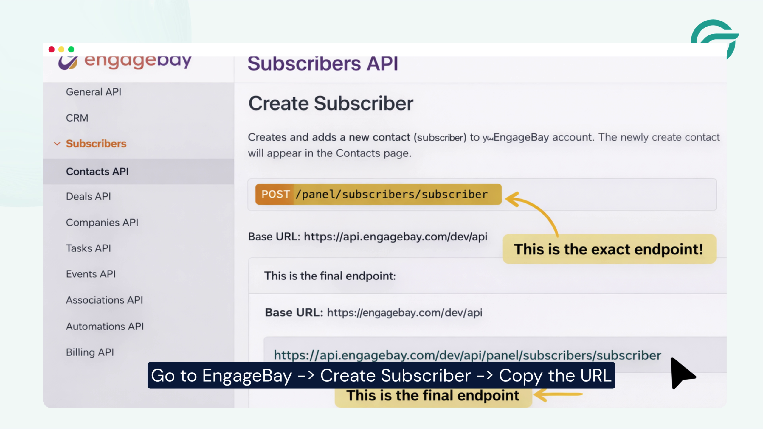 Go to EngageBay Dashboard - Writing to the API - Copy the Endpoint