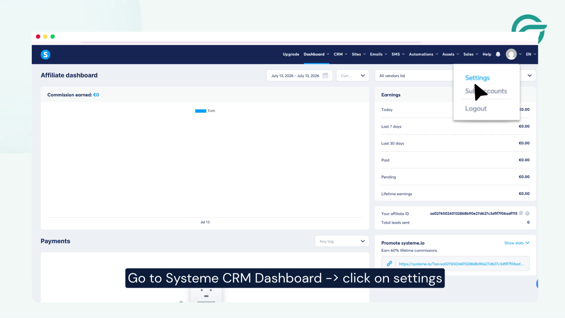Go to Systeme CRM Dashboard - Click on setting