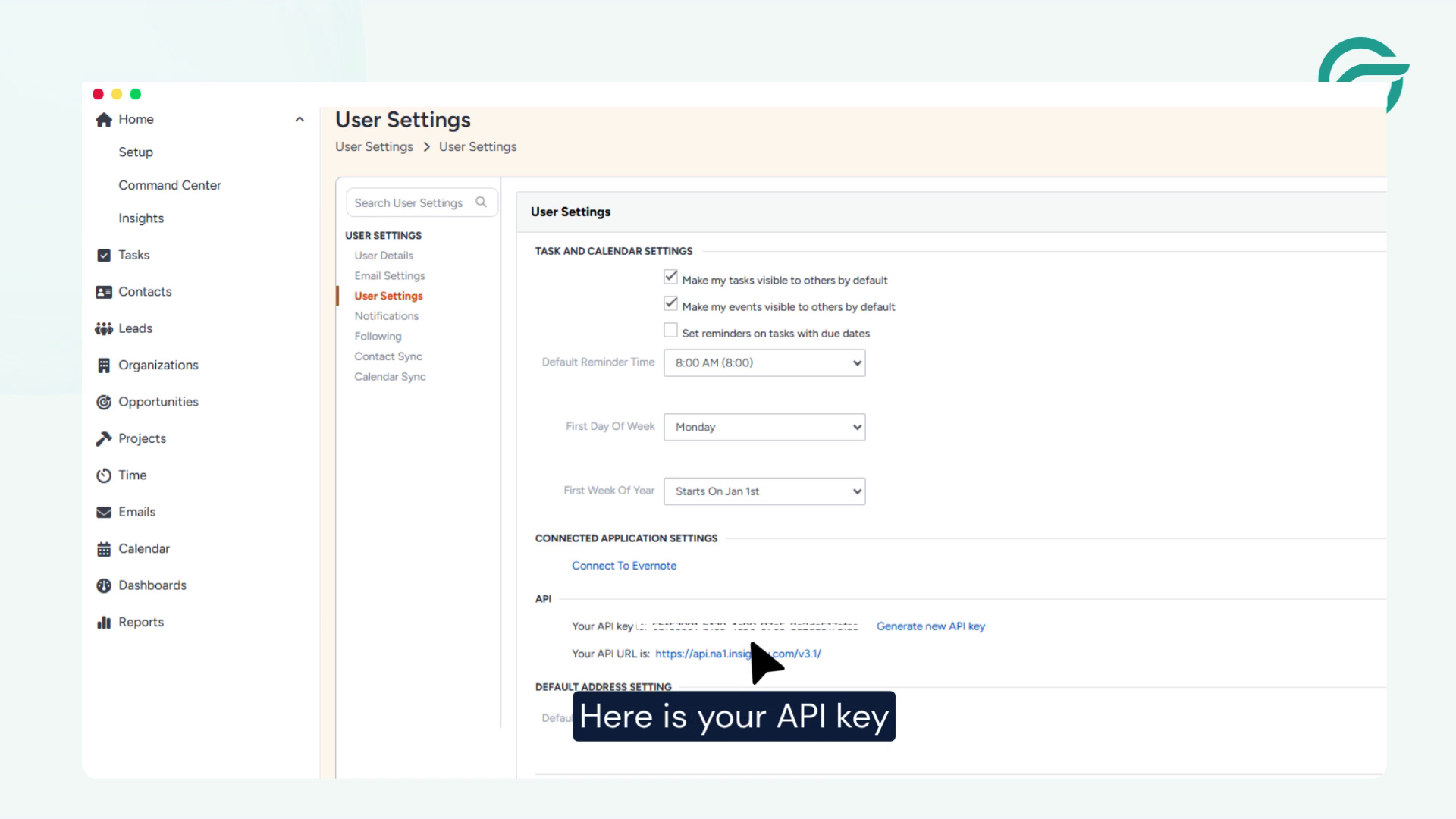 Go to your Insightly Document, Click on User Setting,Copy API Key