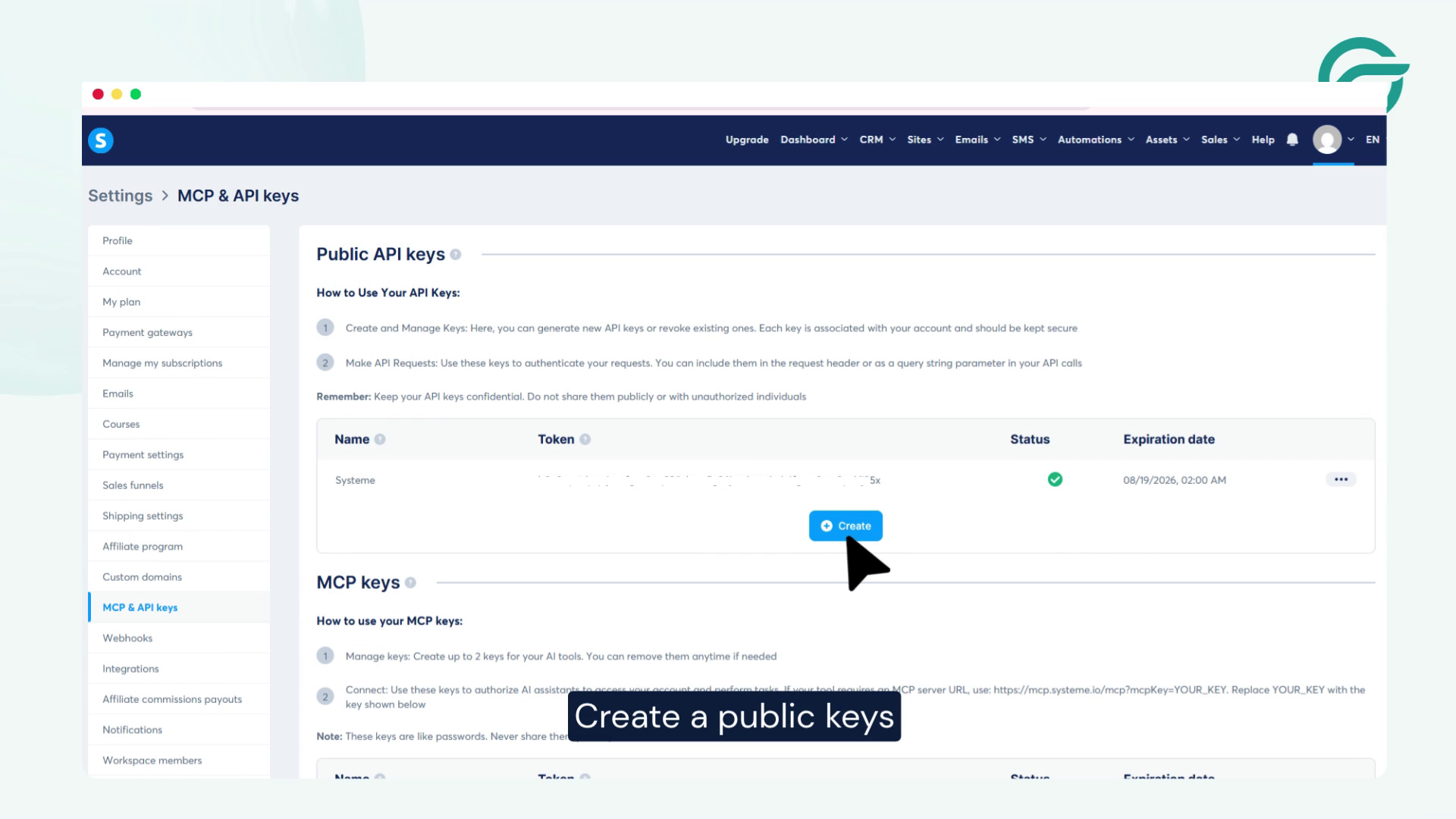 Next Click on MCP & API keys, Create a public keys
