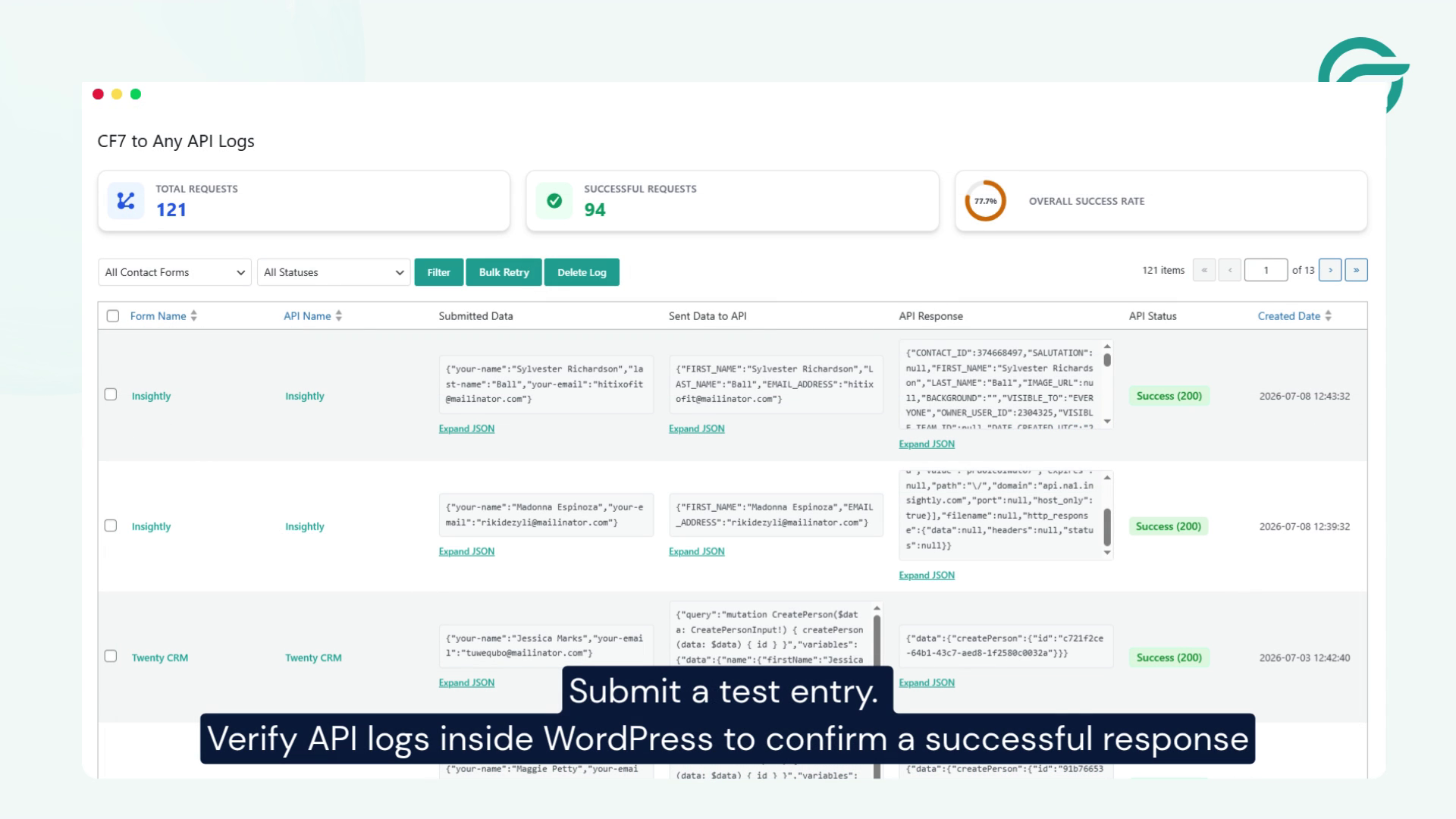 submit test entry