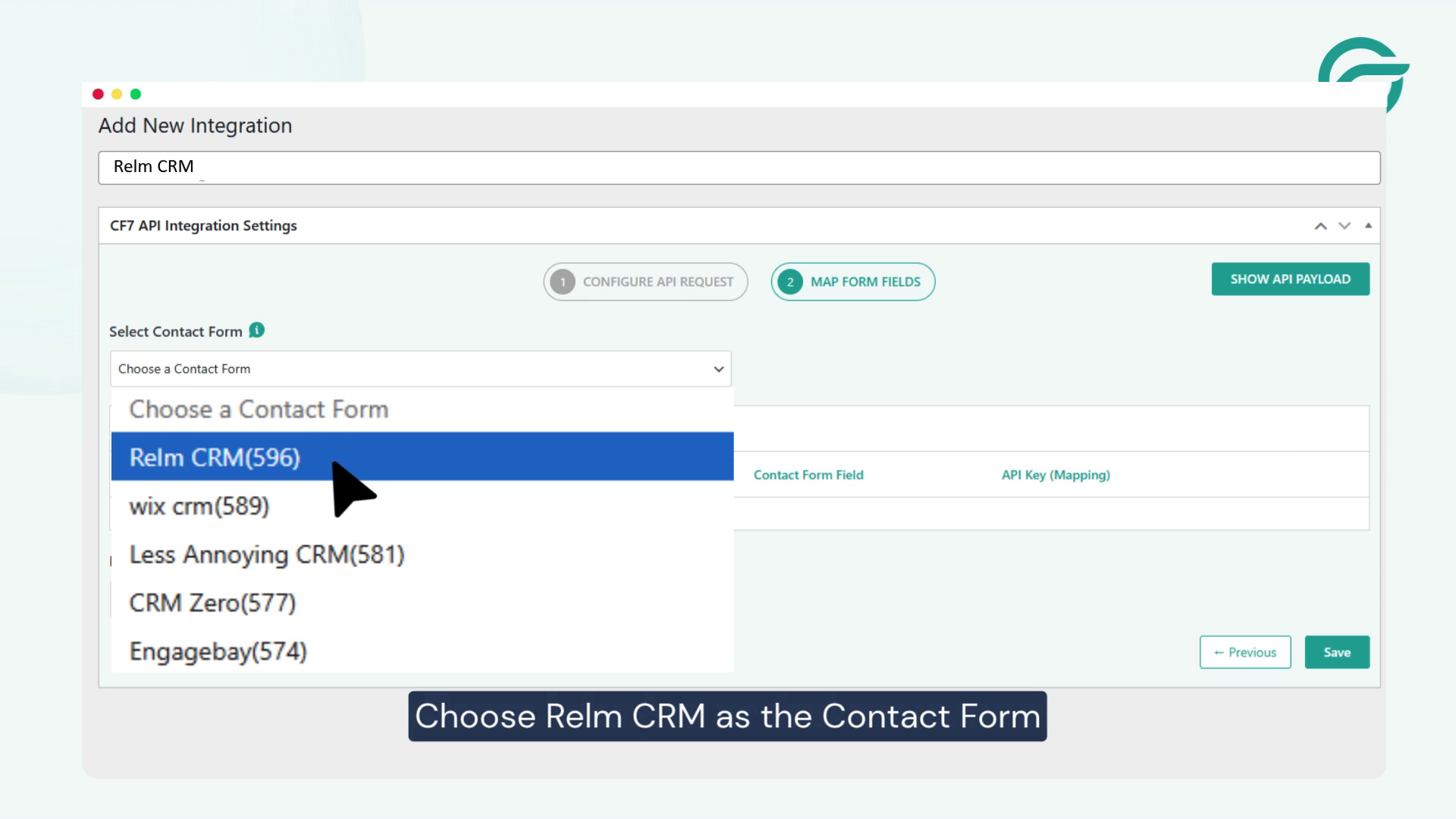 Choose Relm CRM as the Contact Form
