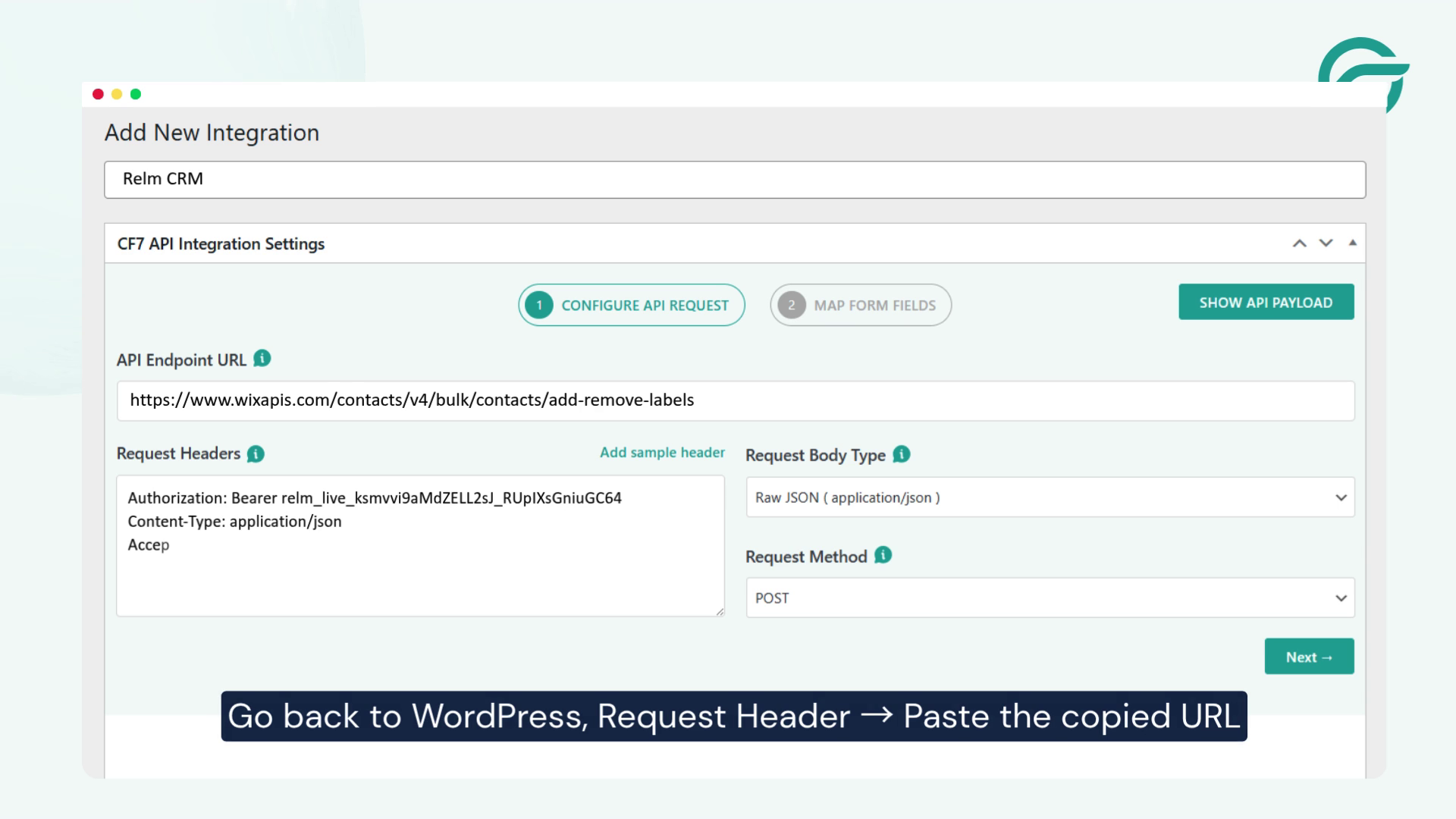 Go back to WordPress, Request Header, Paste the copied URL in the Request Headers field